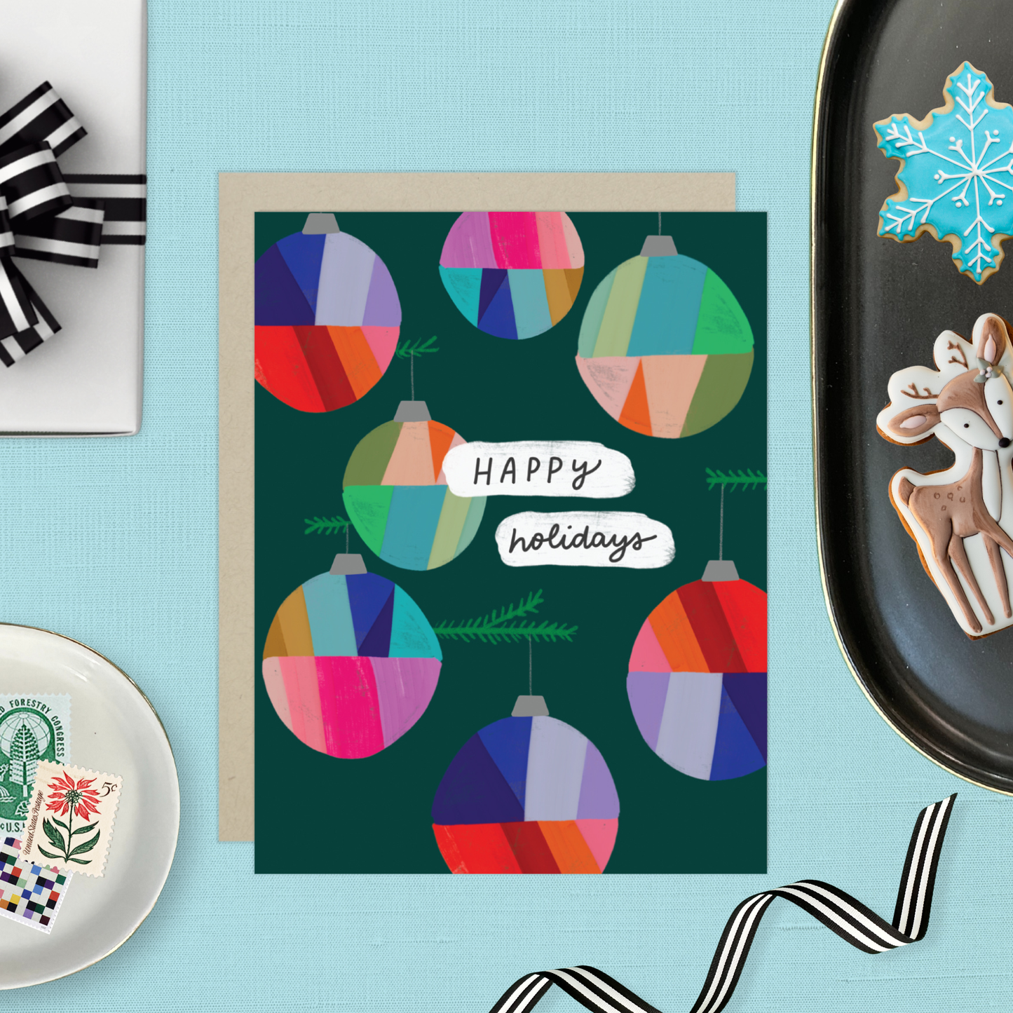 Barone and Co. - Colorful Ornaments Green Holiday Card