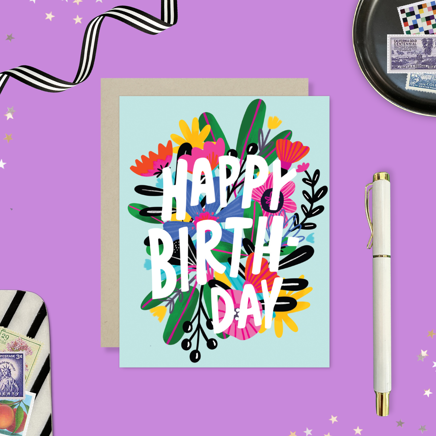Barone and Co. - Funky Flowers on Aqua Birthday Card