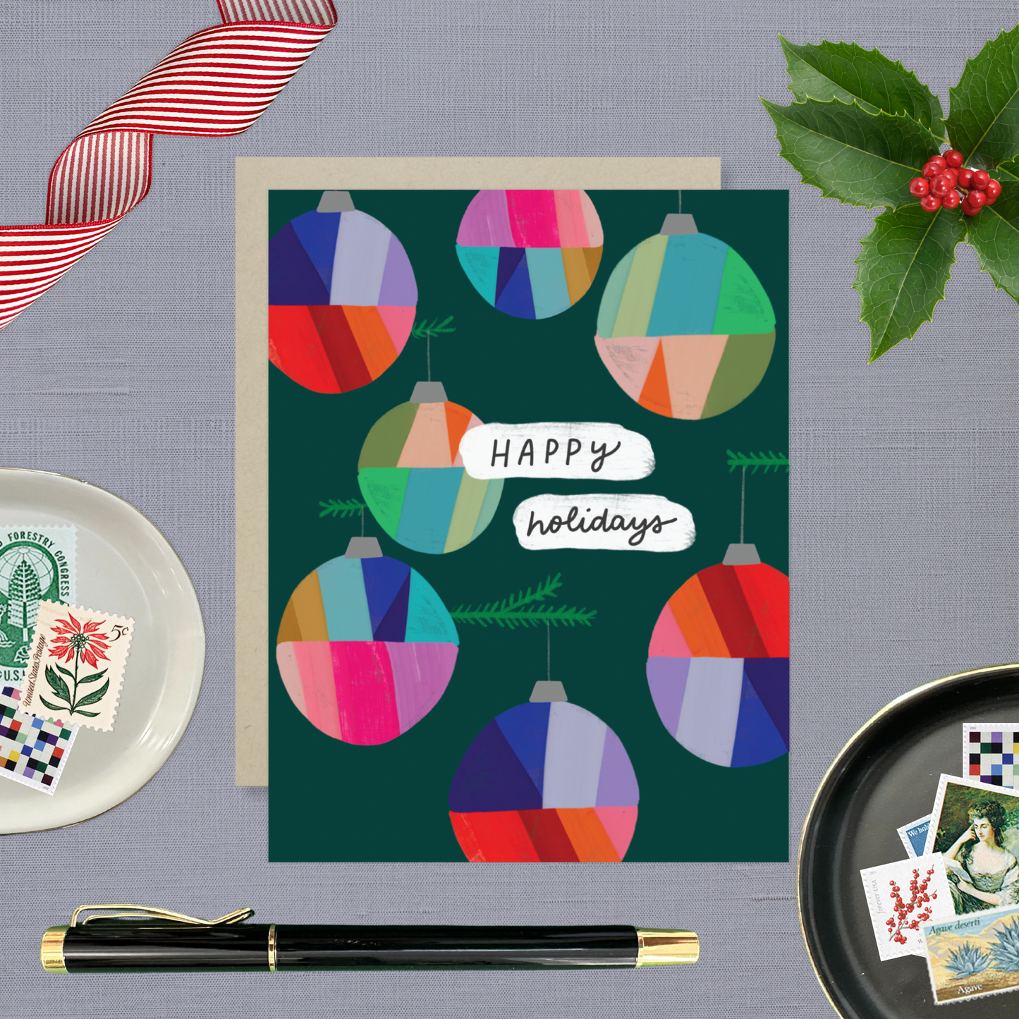 Barone and Co. - Colorful Ornaments Green Holiday Card