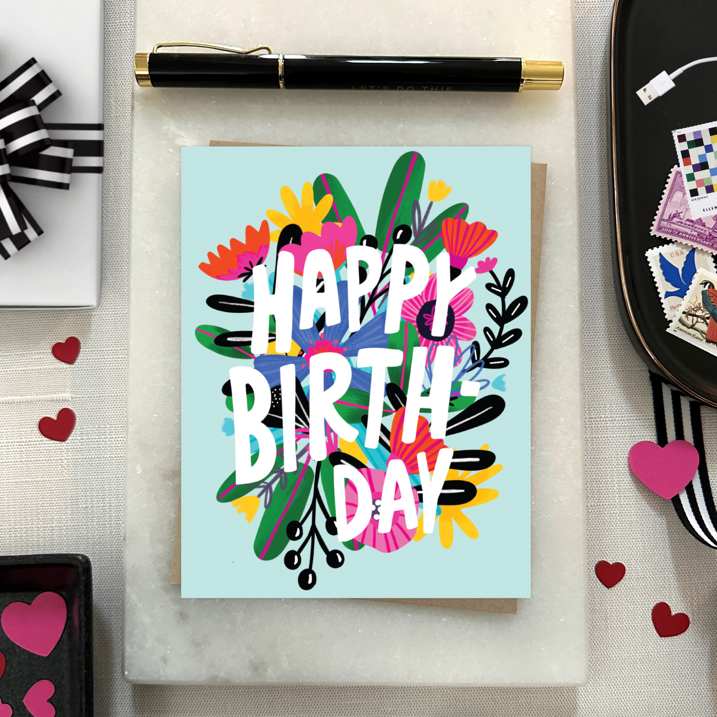 Barone and Co. - Funky Flowers on Aqua Birthday Card