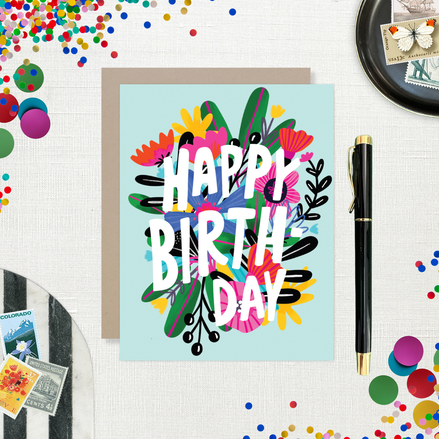 Barone and Co. - Funky Flowers on Aqua Birthday Card
