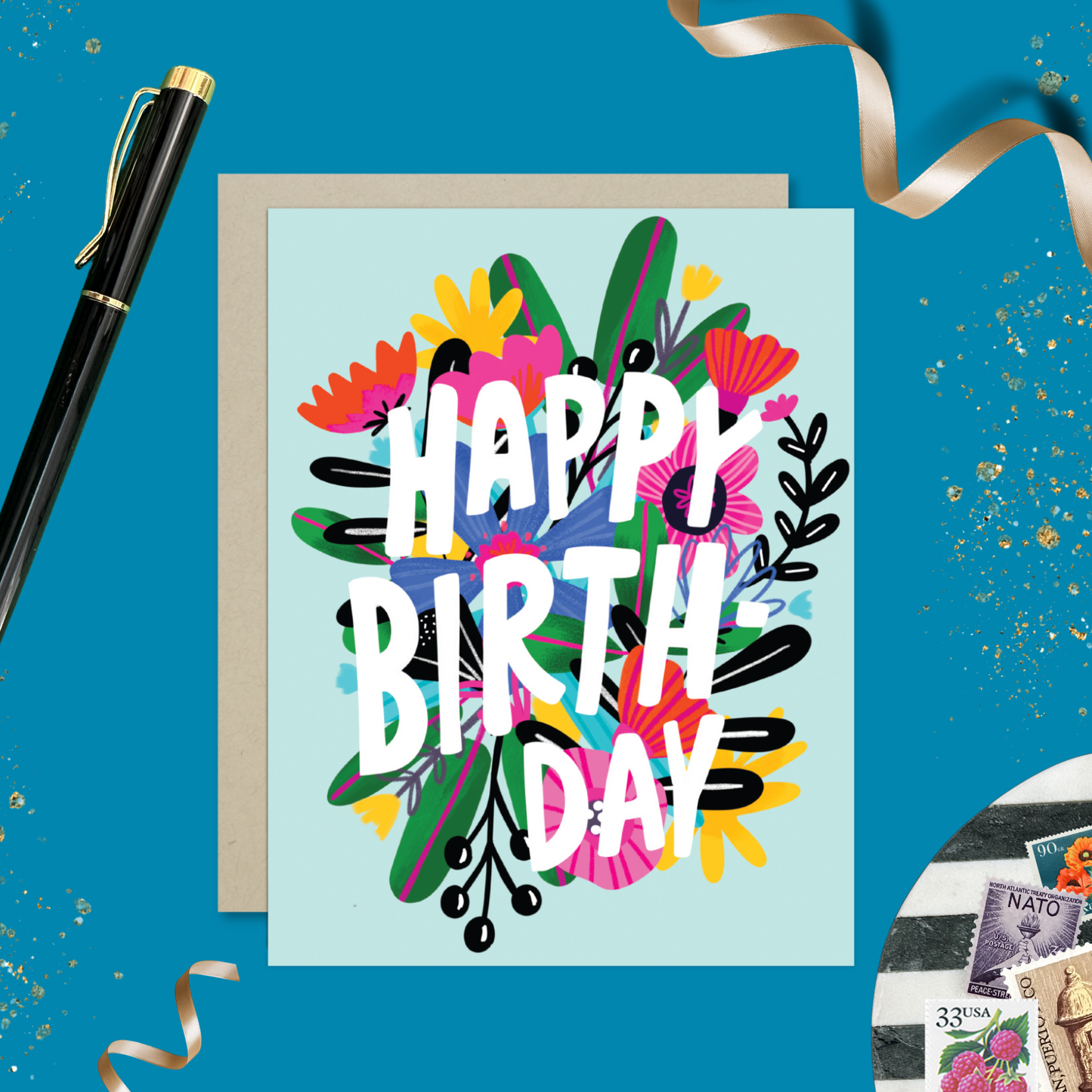 Barone and Co. - Funky Flowers on Aqua Birthday Card
