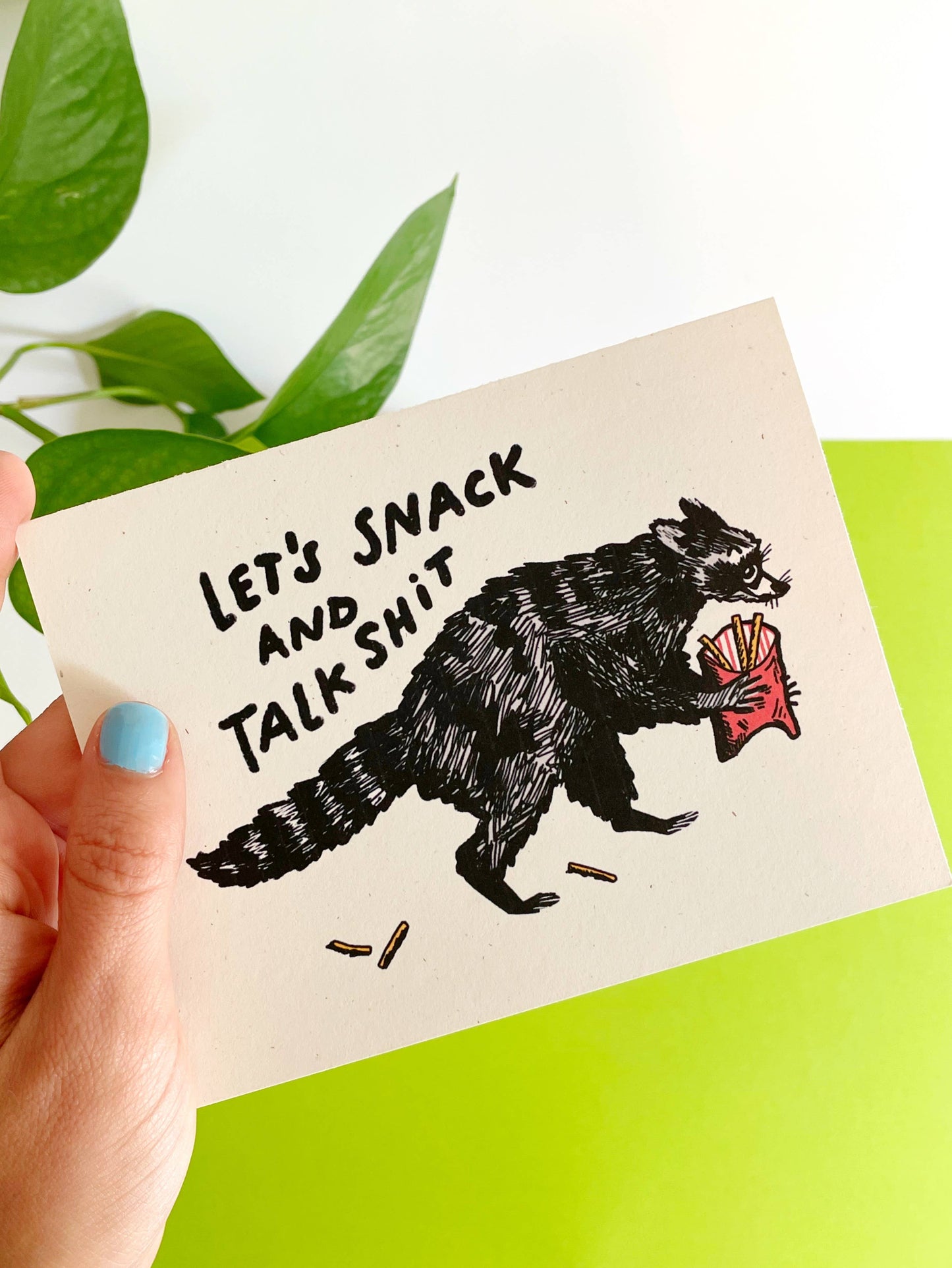 Kendra Lee Miller Art - Let’s Snack and Talk Shit Raccoon Greeting Card