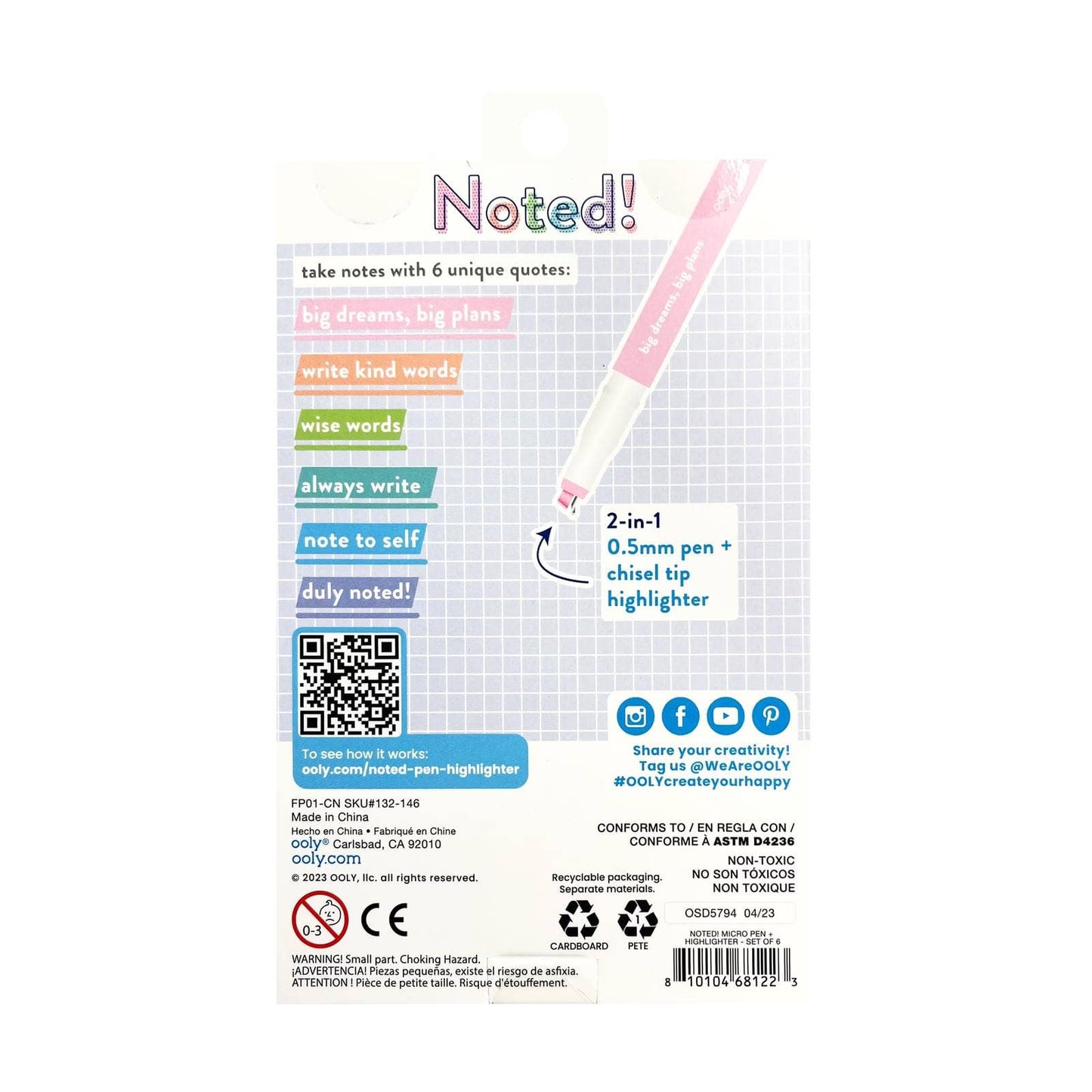 Noted! - 2-in-1 Micro Fine Tip Pen + Highlighter - Set of 6