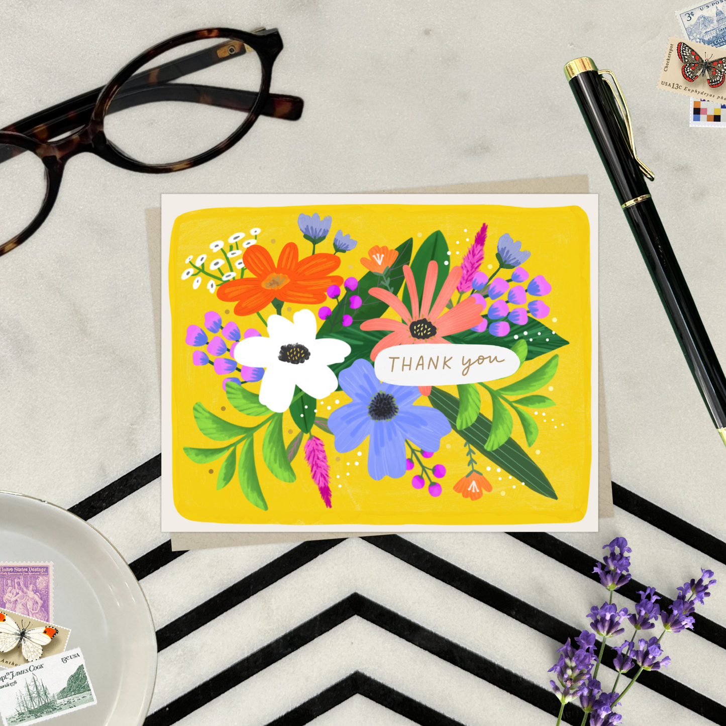 Barone and Co. - Flowers on yellow Thank You Card