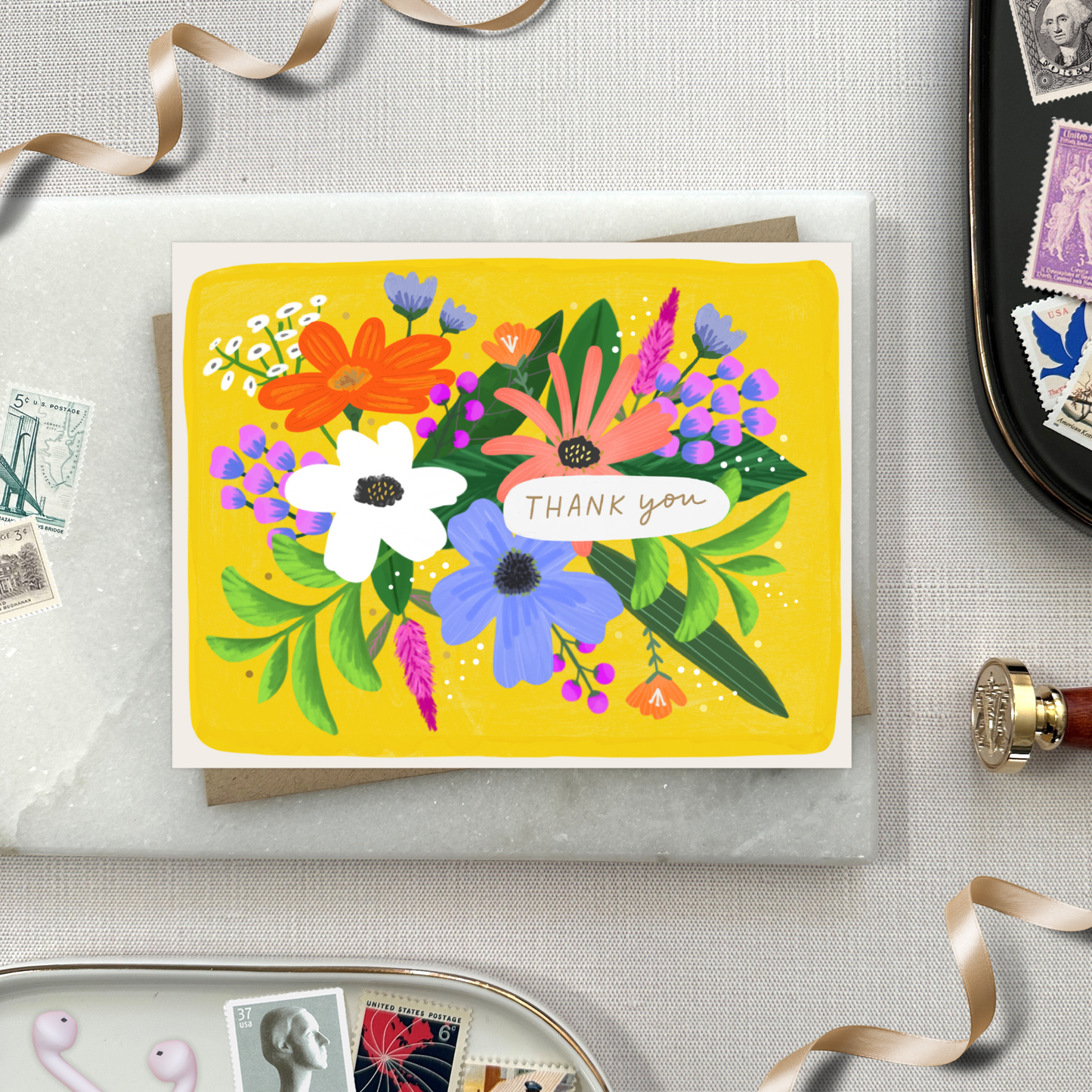 Barone and Co. - Flowers on yellow Thank You Card