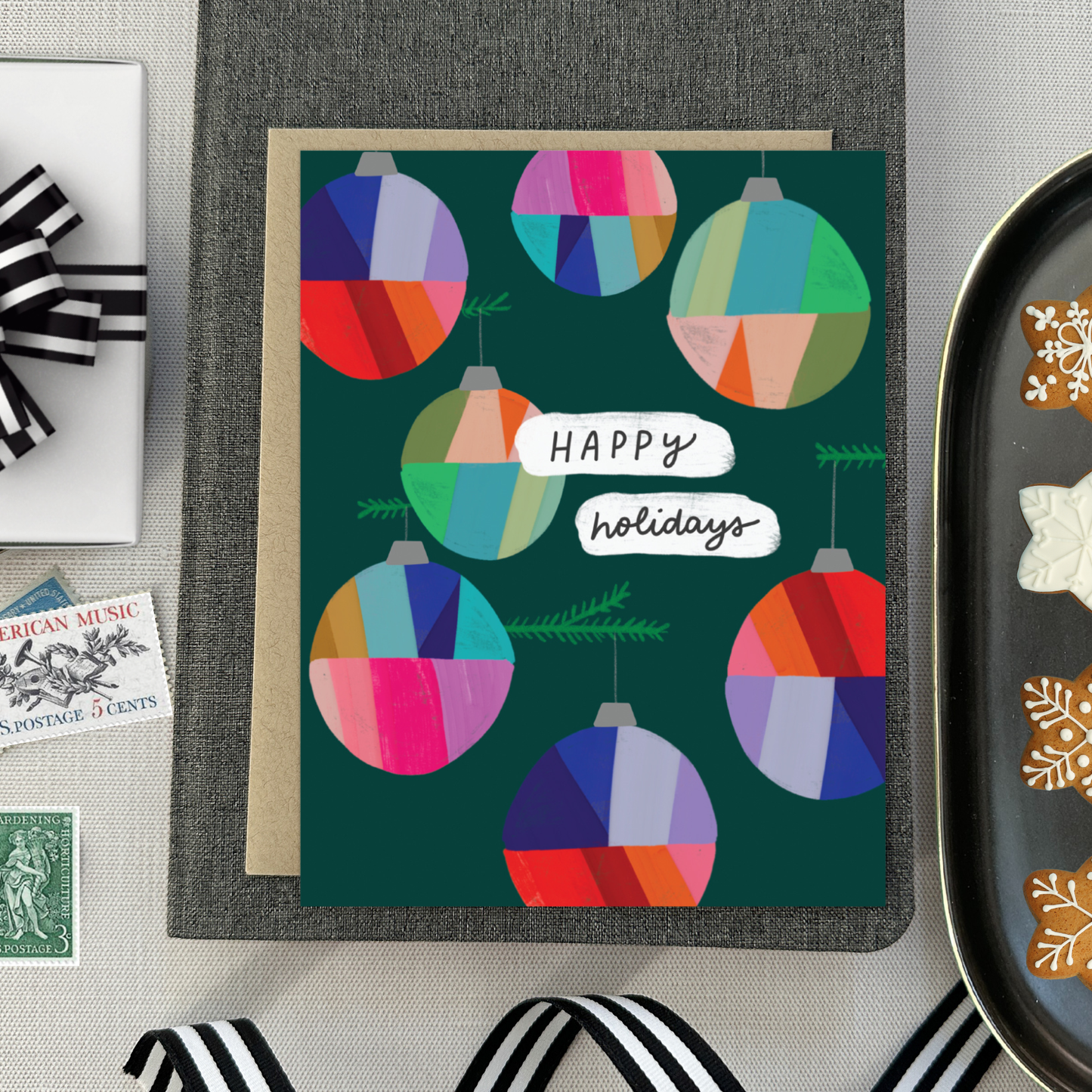 Barone and Co. - Colorful Ornaments Green Holiday Card