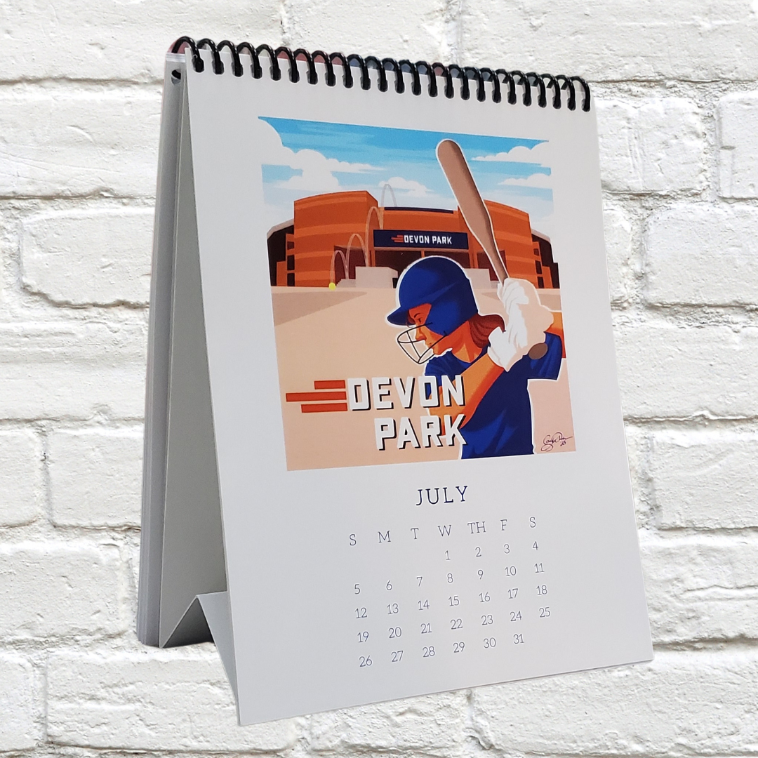 Calendar with a baseball player illustration on a white brick wall background