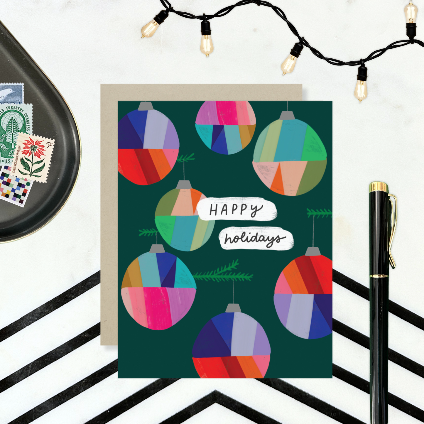 Barone and Co. - Colorful Ornaments Green Holiday Card