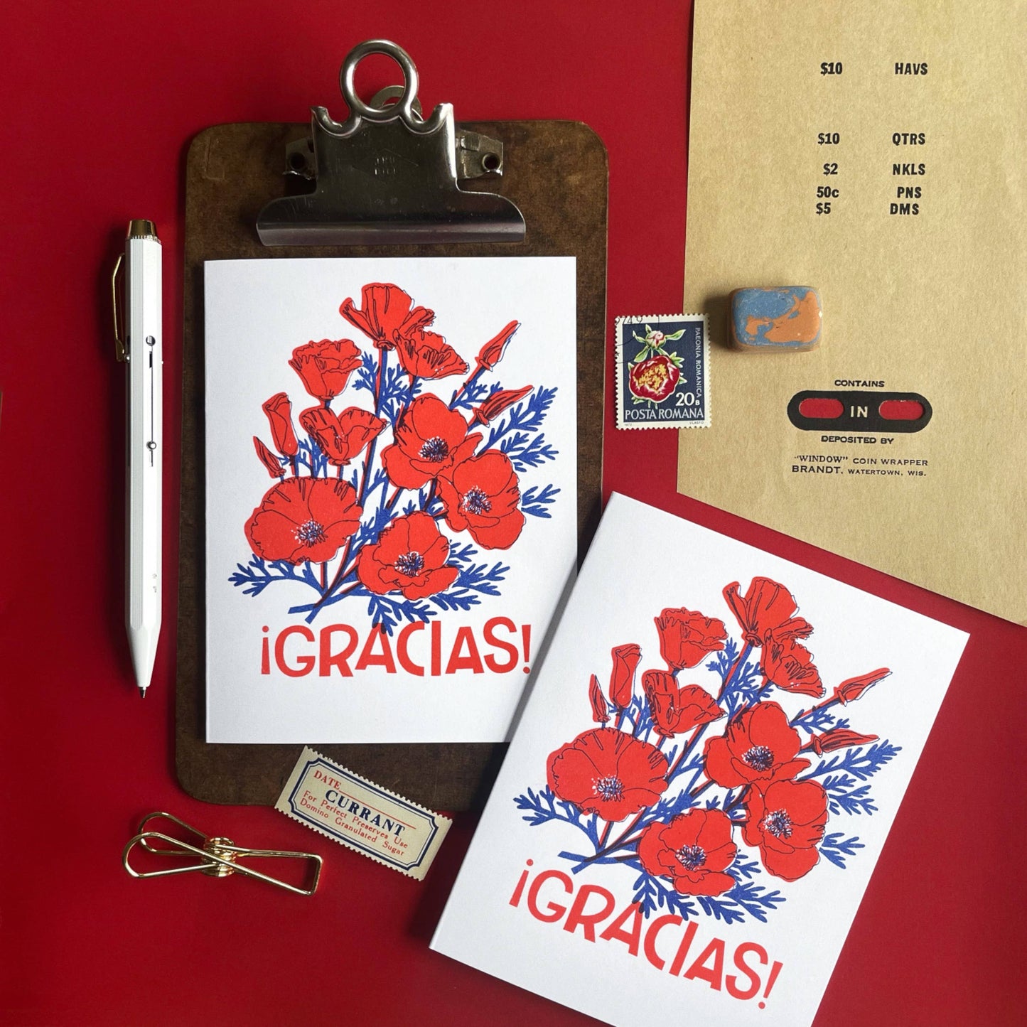 Pier Six Press - Gracias Poppies - Spanish Risograph Greeting Card