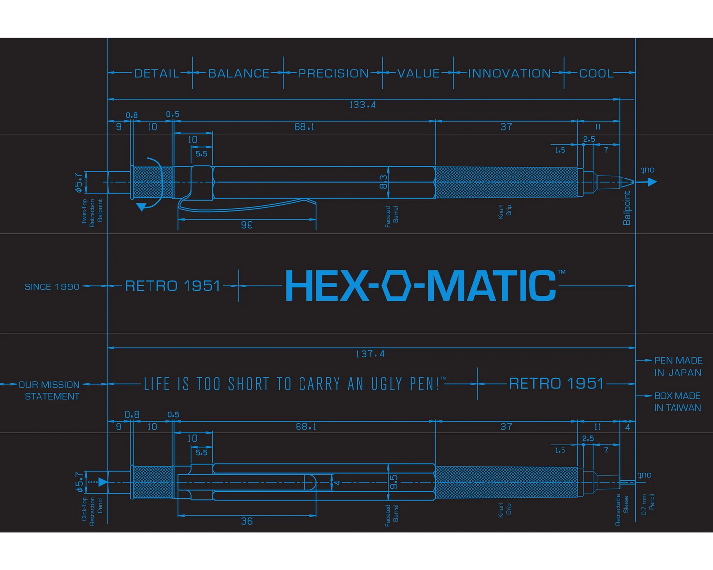 Hexomatic Silver 0.7mm - Retro 1951 Mechanical Pencil