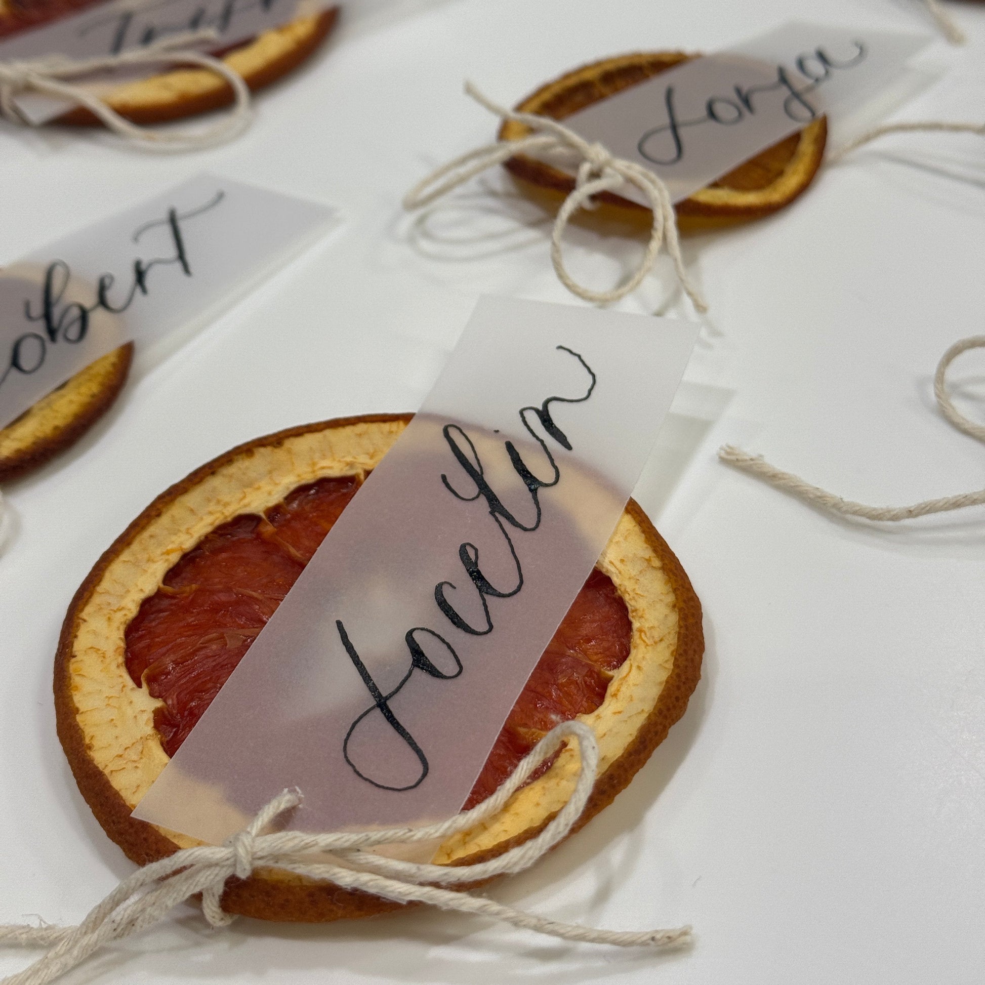 Dried orange slices with string and small tags on a white background