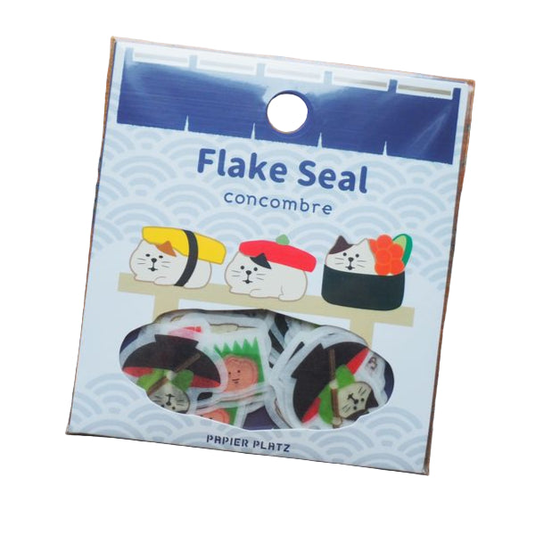 Flake Seal packaging with cartoon sushi design on a wooden surface