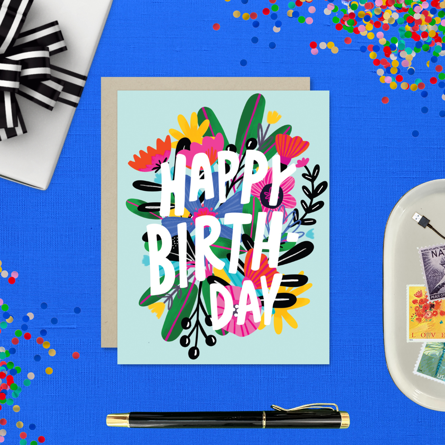 Barone and Co. - Funky Flowers on Aqua Birthday Card