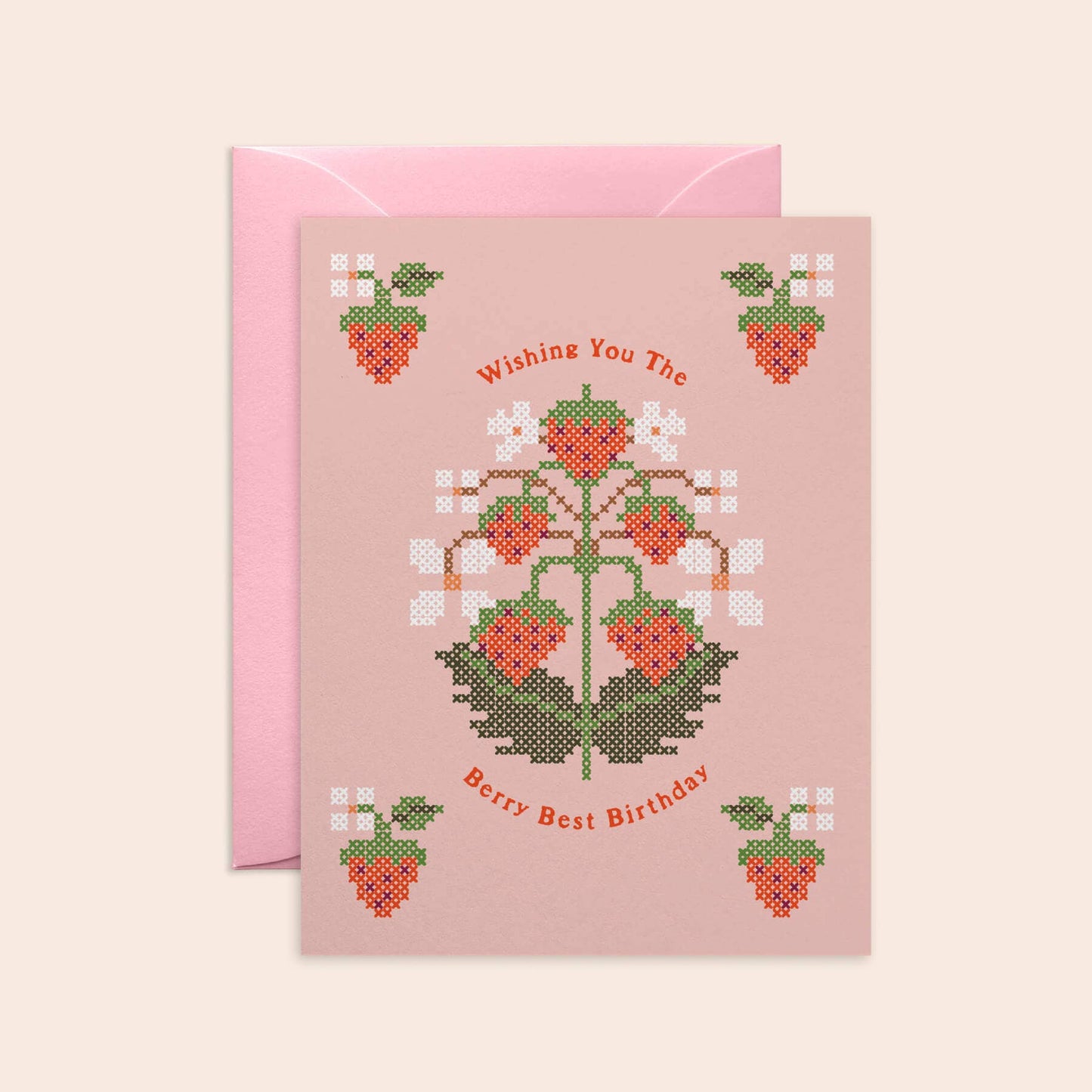 O.O.M.F Creative - Strawberry Cross-Stitch Birthday Card, Pink