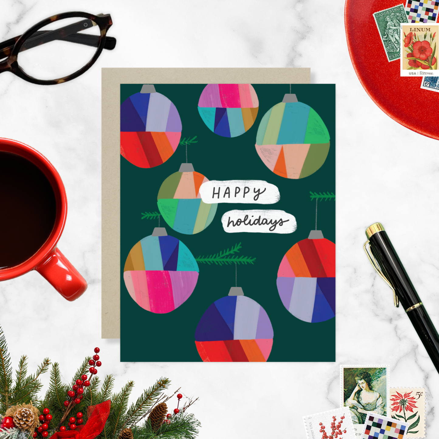 Barone and Co. - Colorful Ornaments Green Holiday Card