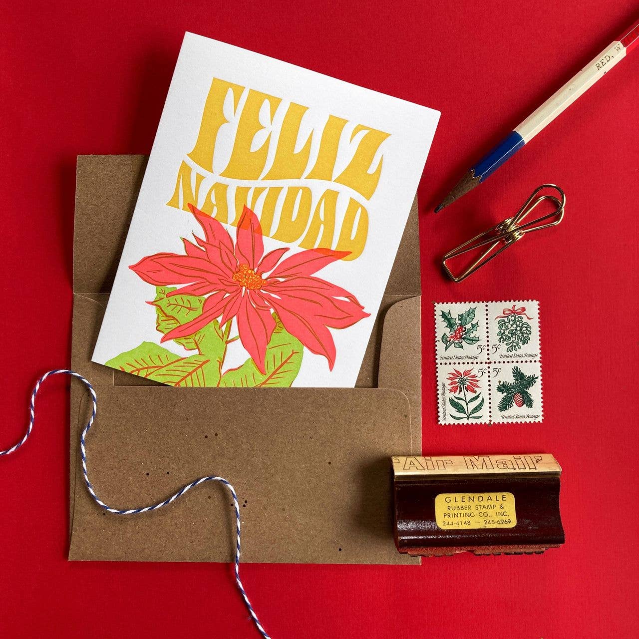 Pier Six Press - Feliz Navidad Poinsettia - Spanish Holiday Letterpress Card