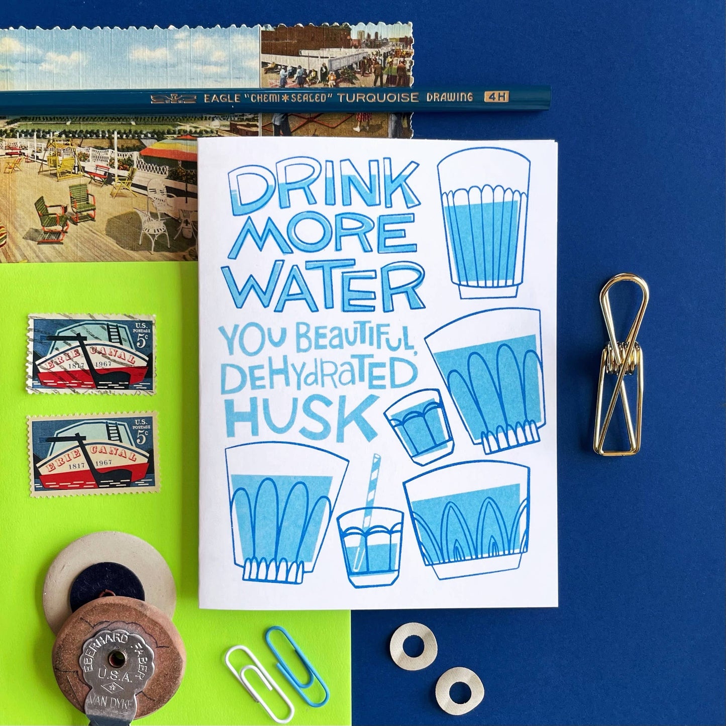 Pier Six Press - Drink More Water! - Fun Risograph Greeting Card