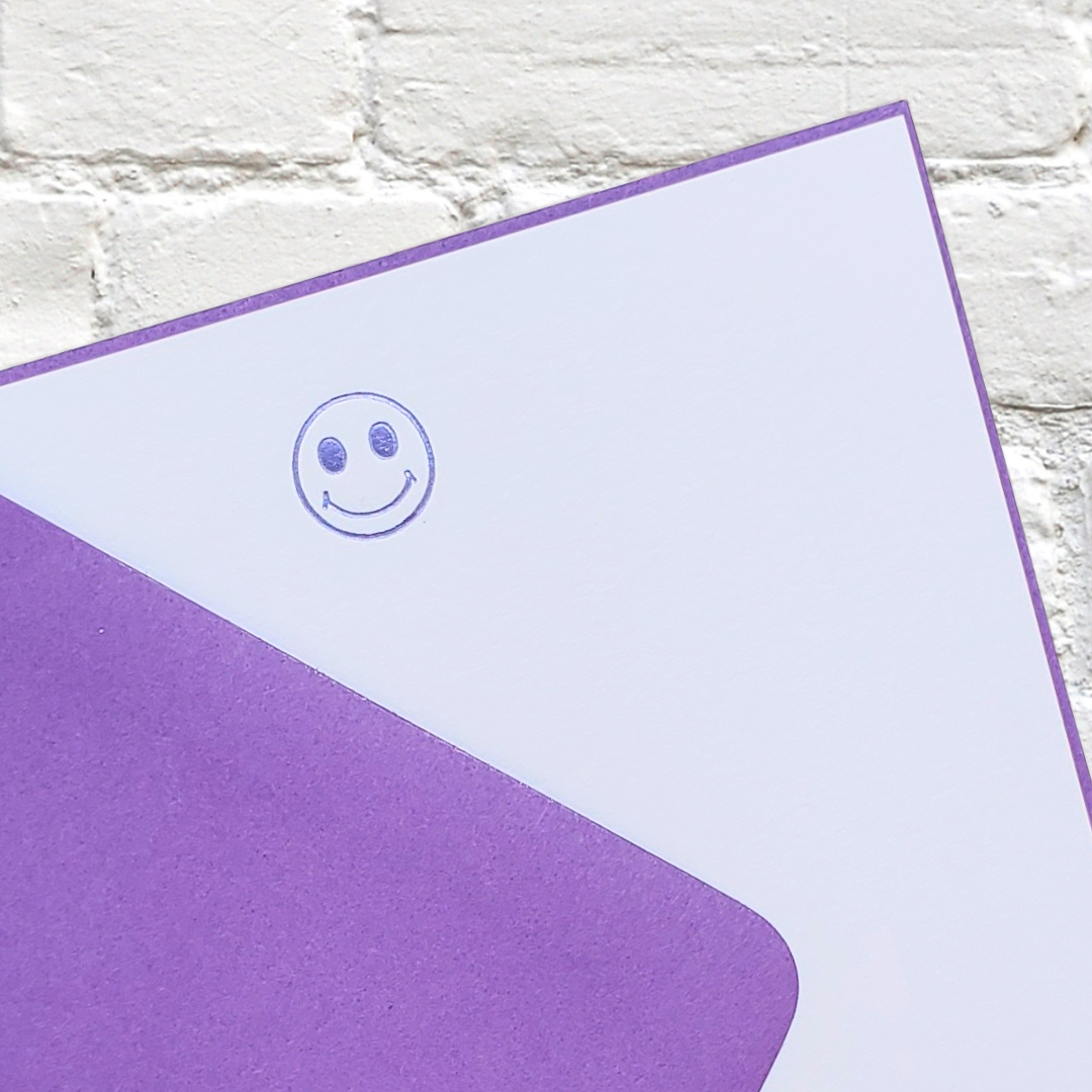 Smiley Purple Foil Stamped Flat Notecard Set