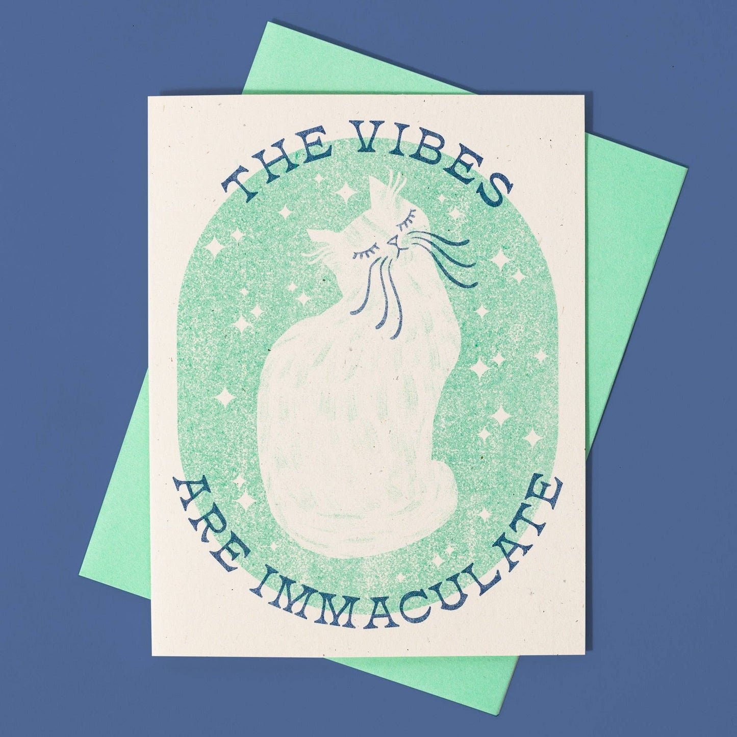 Bromstad Printing Co. - The Vibes Are Immaculate Cat - Risograph Greeting Card