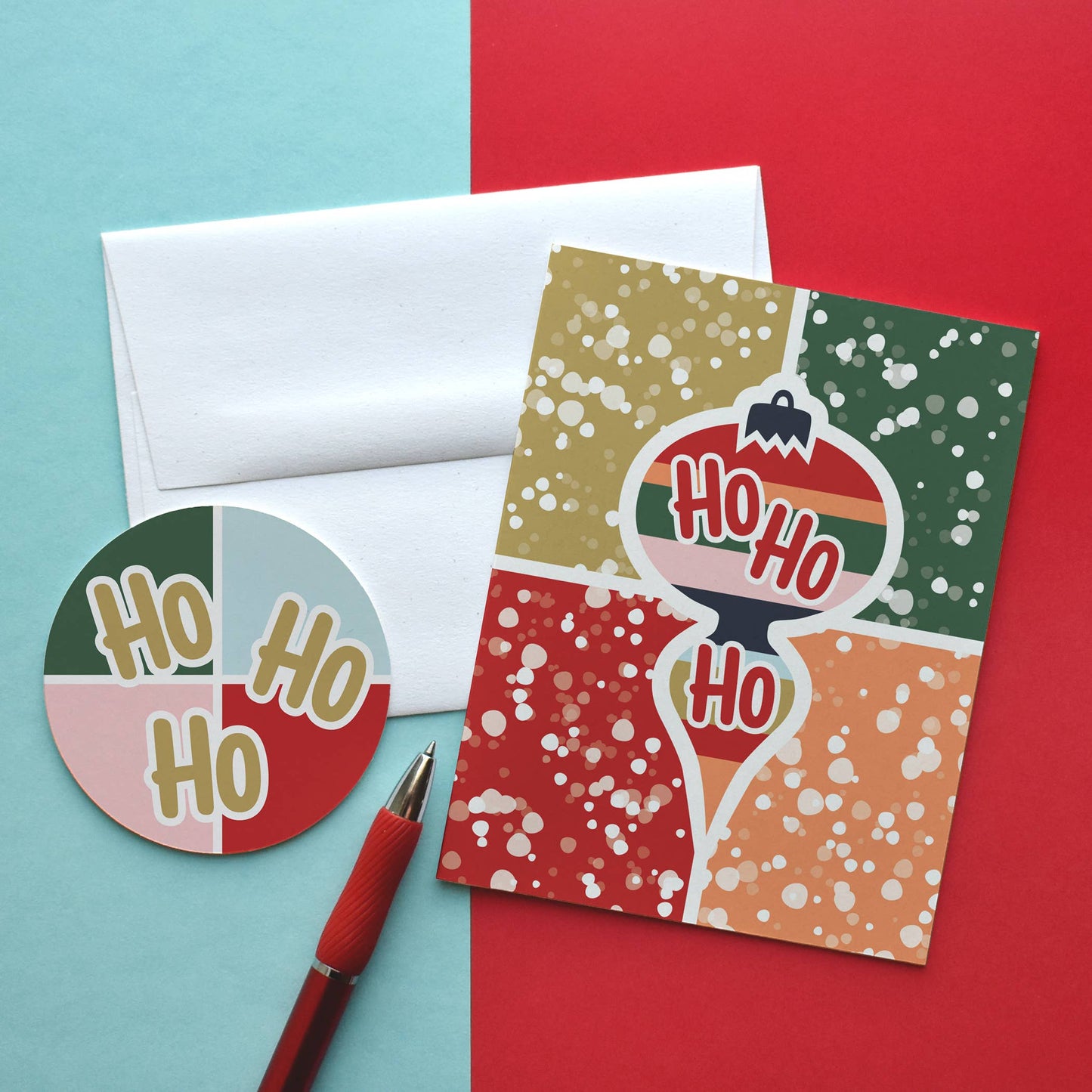 MASU - Modern Ho Ho Ho Christmas Ornament Recycled Greeting Card