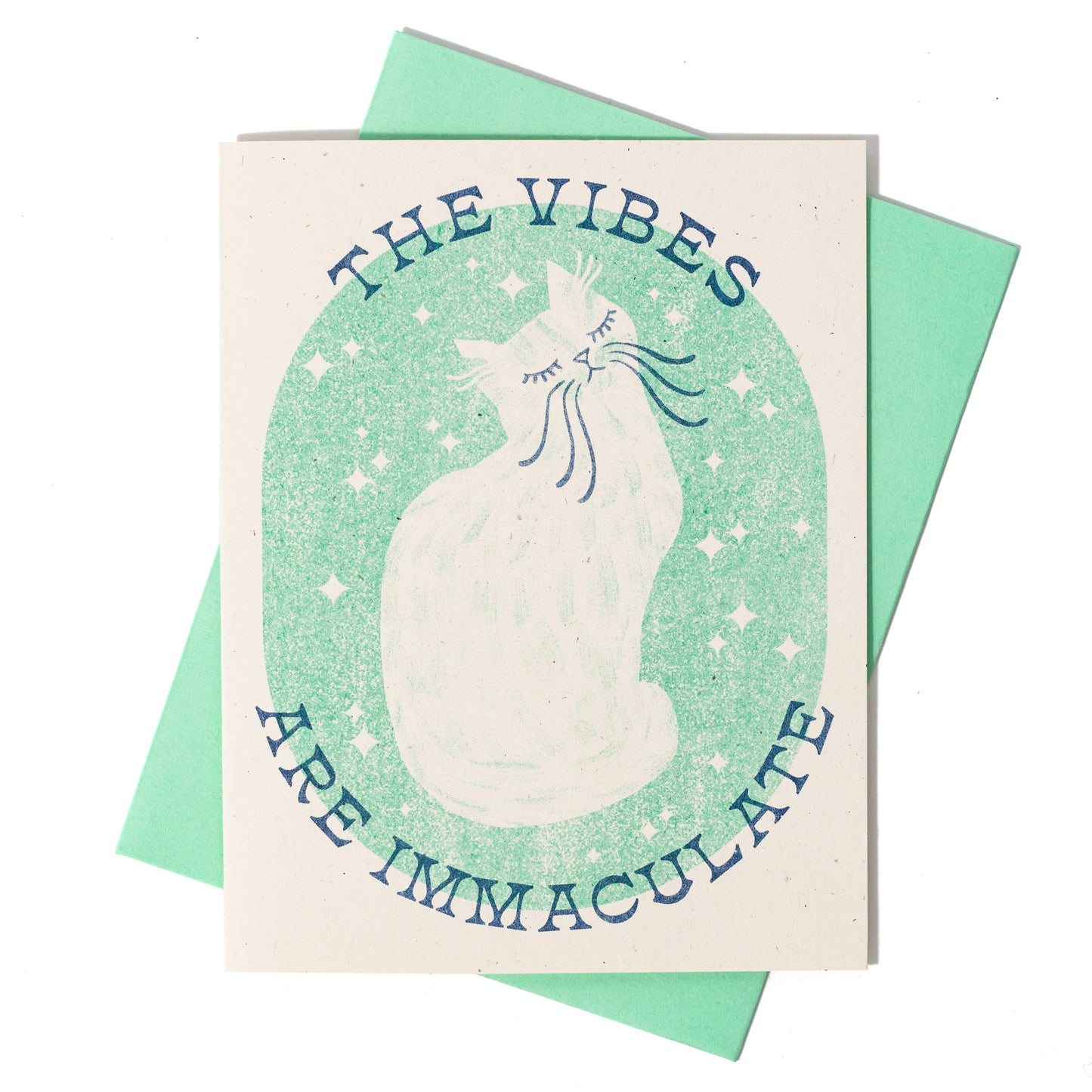 Bromstad Printing Co. - The Vibes Are Immaculate Cat - Risograph Greeting Card