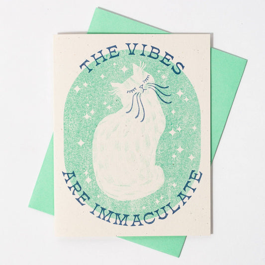 Bromstad Printing Co. - The Vibes Are Immaculate Cat - Risograph Greeting Card