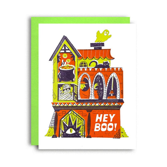 Pier Six Press - Hey Boo! - Risograph Haunted House Halloween card 
