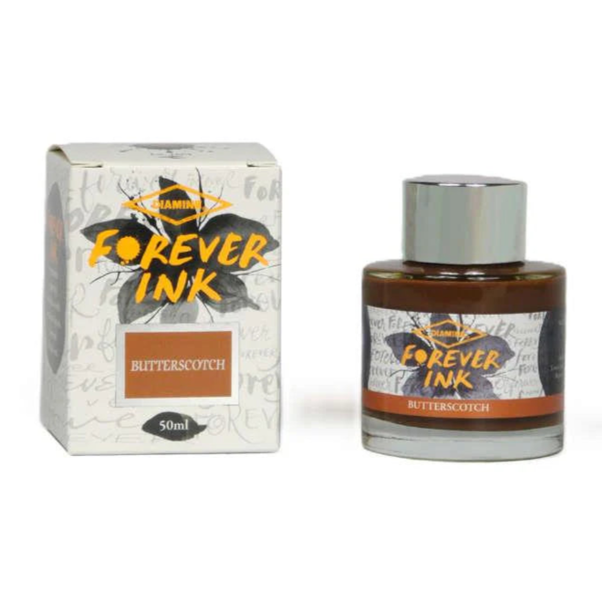 Bottle and box of 'Forever Ink' butterscotch ink on a white background