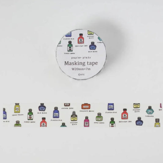 Masking tape roll with colorful labels on a white background