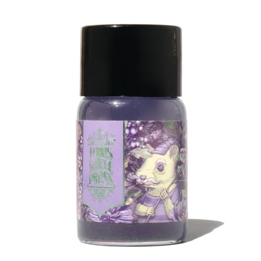 Small bottle with a purple label featuring a cartoon character on a white background