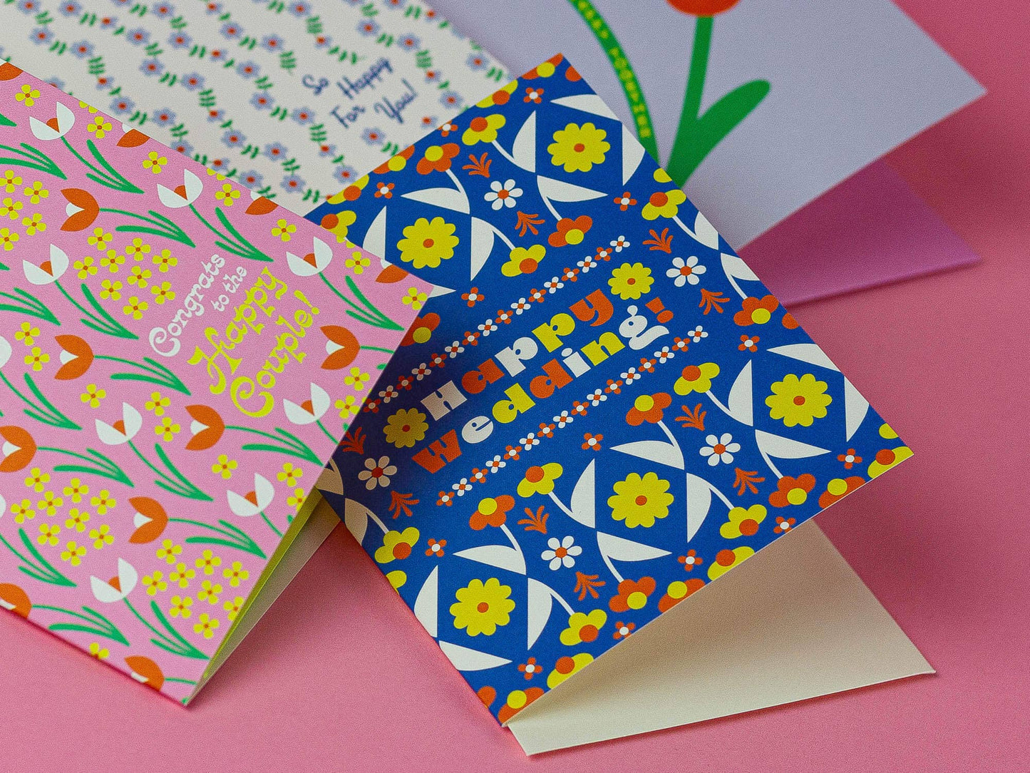 Happy Wedding Folksy Retro Flower Pattern - Wedding Card