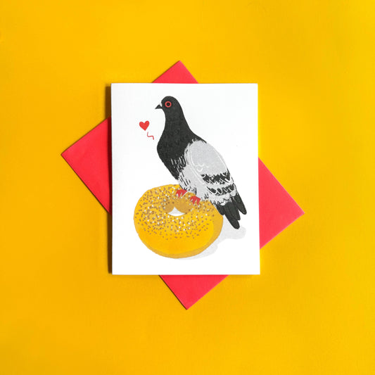 Pier Six Press - Bagel Love Risograph Pigeon Love Card