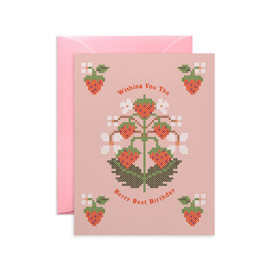 O.O.M.F Creative - Strawberry Cross-Stitch Birthday Card, Pink