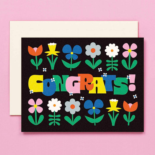 Celebration Garden Typographic Retro Flowers - Congrats Card