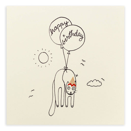 Birthday Balloon Cat –  Real Pencil Shavings - Greeting Card