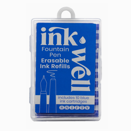 Pack of Ink Well fountain pen erasable ink refills on a white background