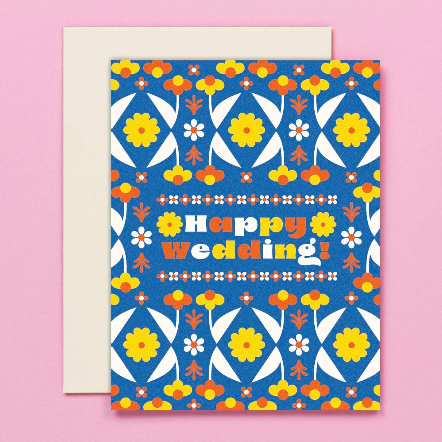 Happy Wedding Folksy Retro Flower Pattern - Wedding Card