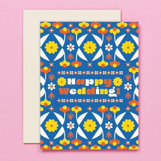 Happy Wedding Folksy Retro Flower Pattern - Wedding Card