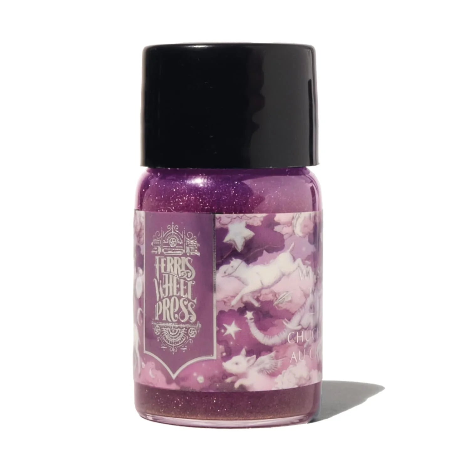 Purple glittery bottle with black cap on a white background
