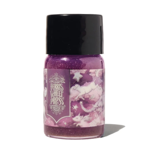 Purple glittery bottle with black cap on a white background
