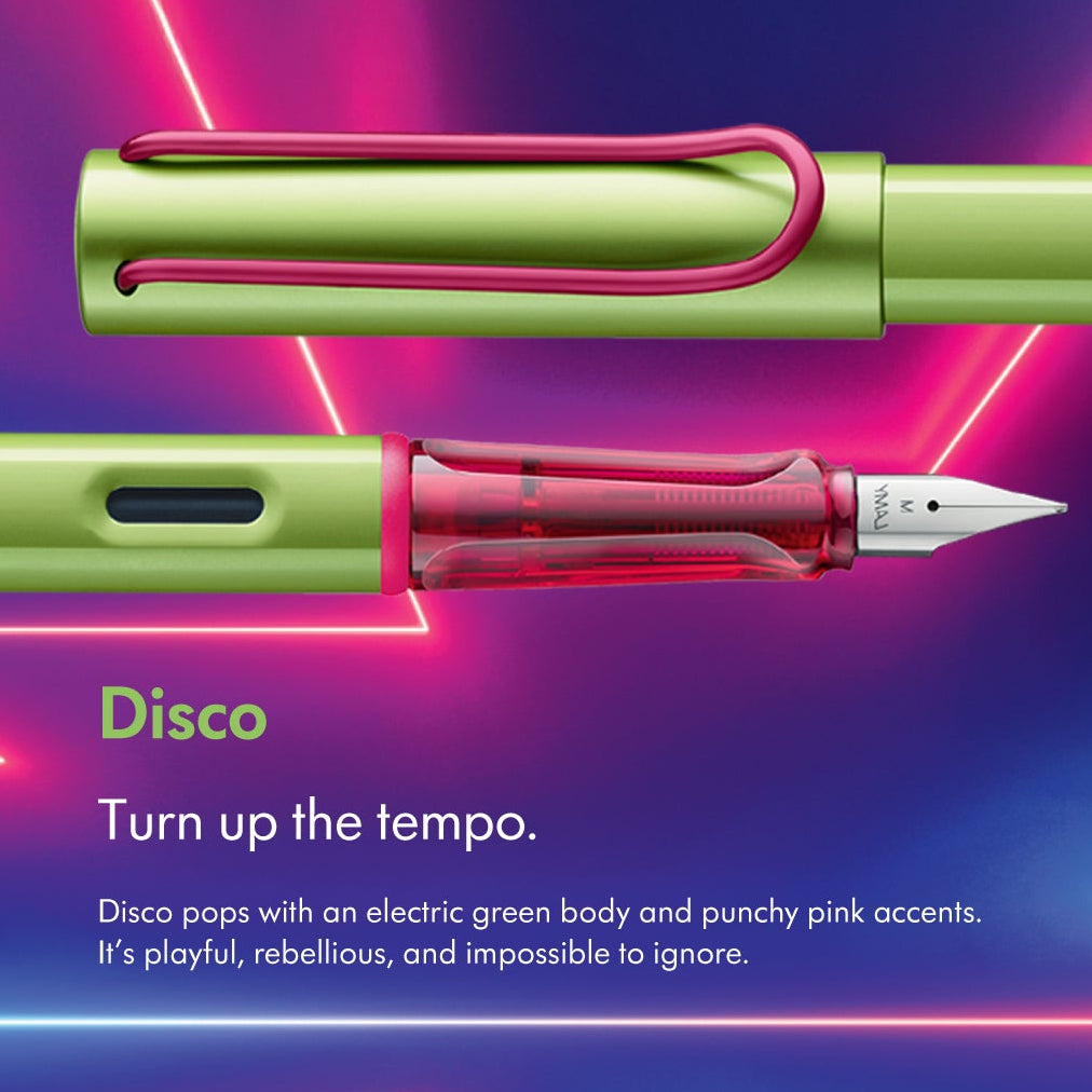 Lamy rollerball pens with colorful accents on a gradient background