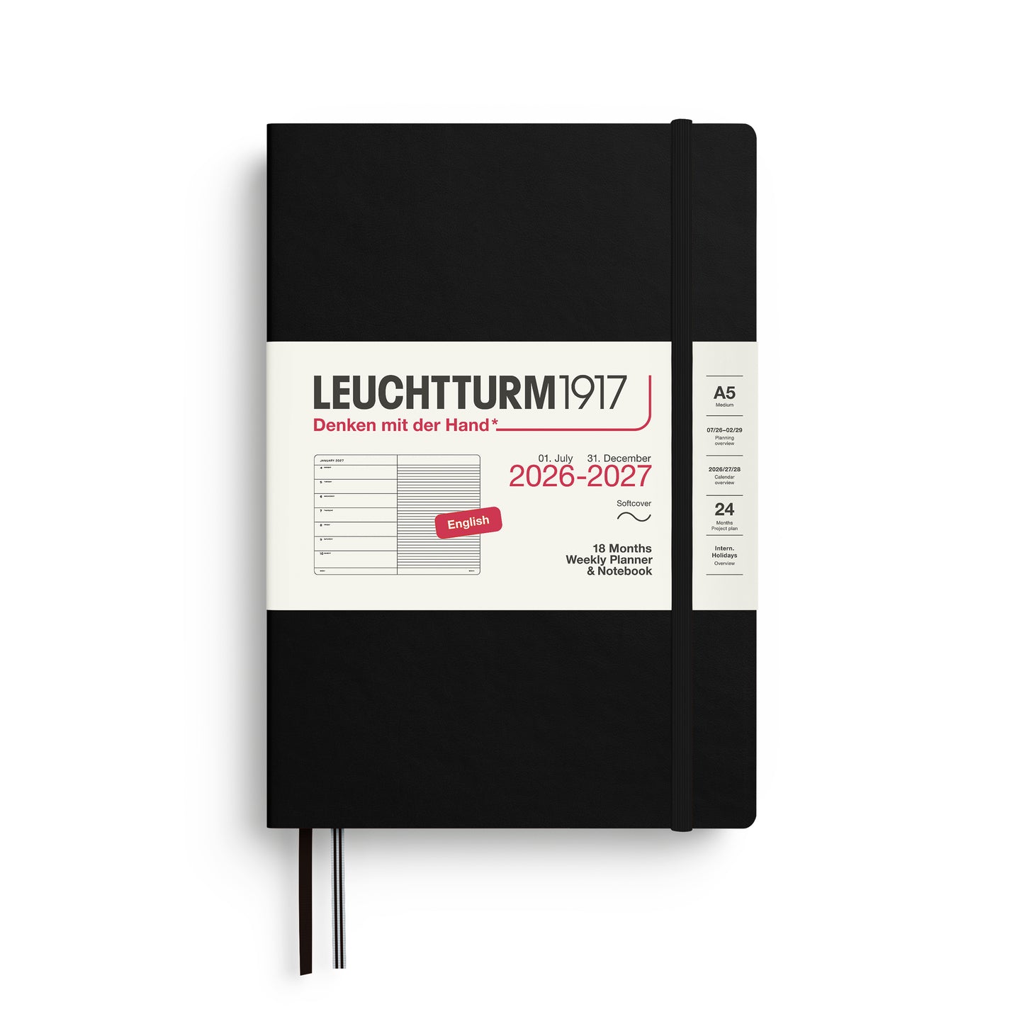 Black - Softcover (A5) Weekly Planner & Notebook - 18 Month - 2026-2027