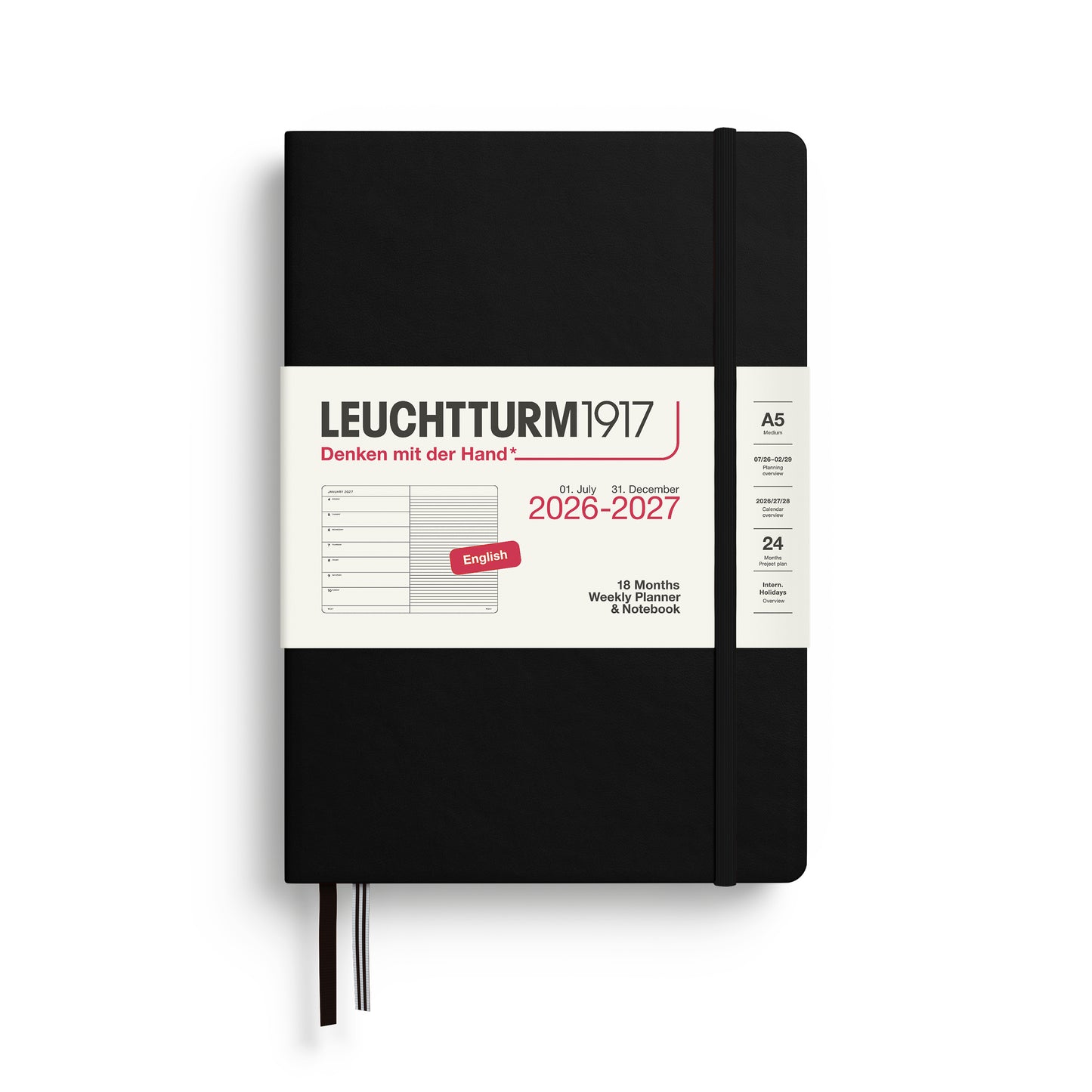 Black - Hardcover (A5) Weekly Planner & Notebook - 18 Month - 2026-2027
